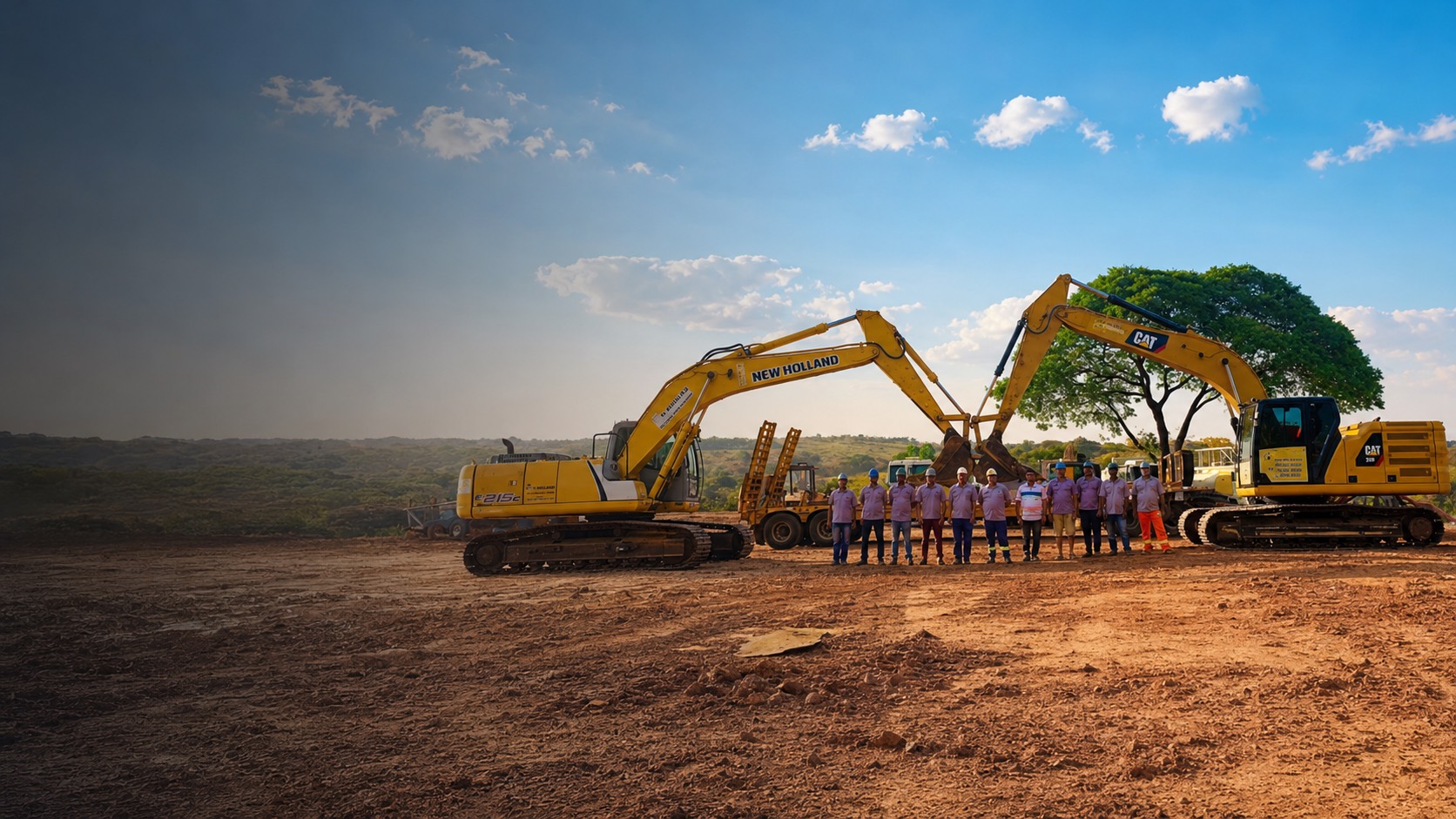 Equipe da VGiraldes Terraplenagem reunida entre escavadeiras em obra